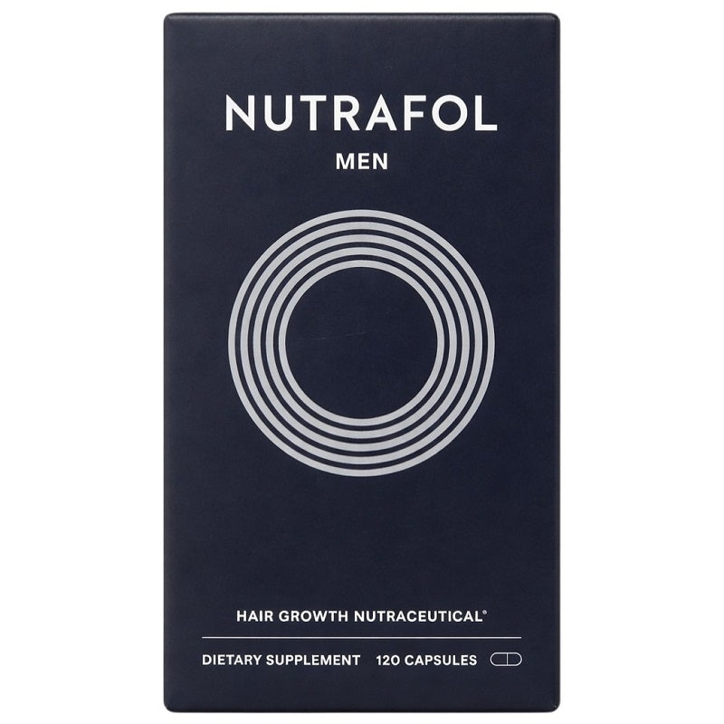 Nutrafol Men dark blue supplement box with white logo and 120 capsules