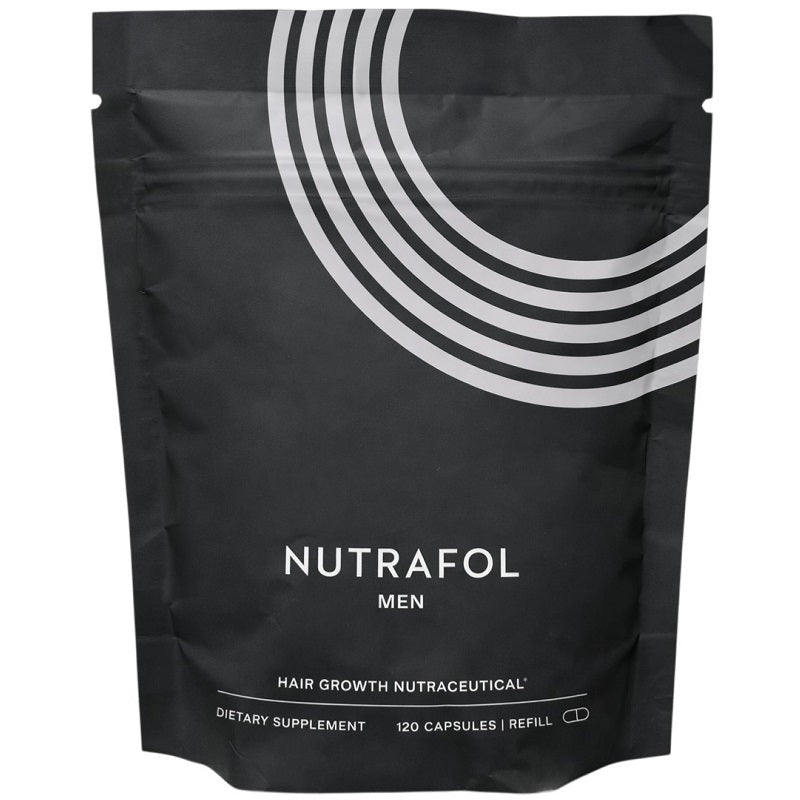 Nutrafol Men black resealable supplement pouch with white logo and 120 capsules
