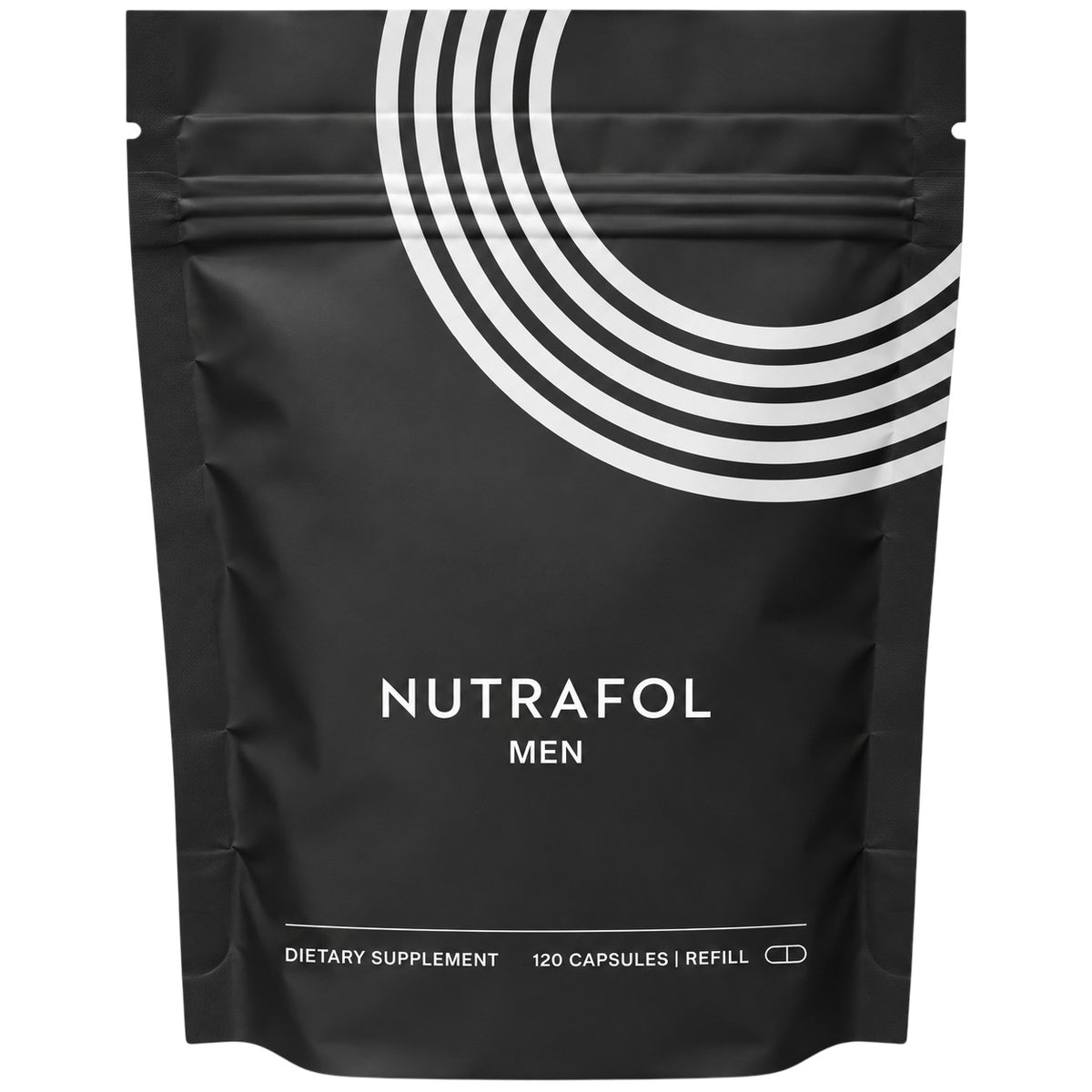 Black Nutrafol Men dietary supplement pouch with white logo and 120 capsules