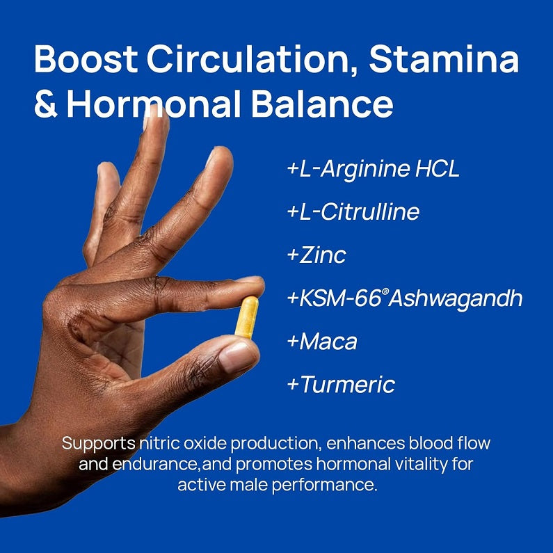 Gold capsules in hand with 'Boost Circulation, Stamina & Hormonal Balance' headline