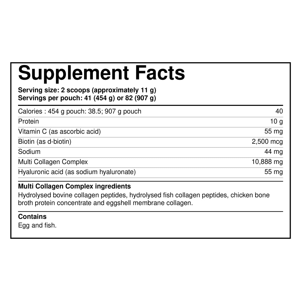 Collagen peptides supplement facts label with serving size and ingredient list