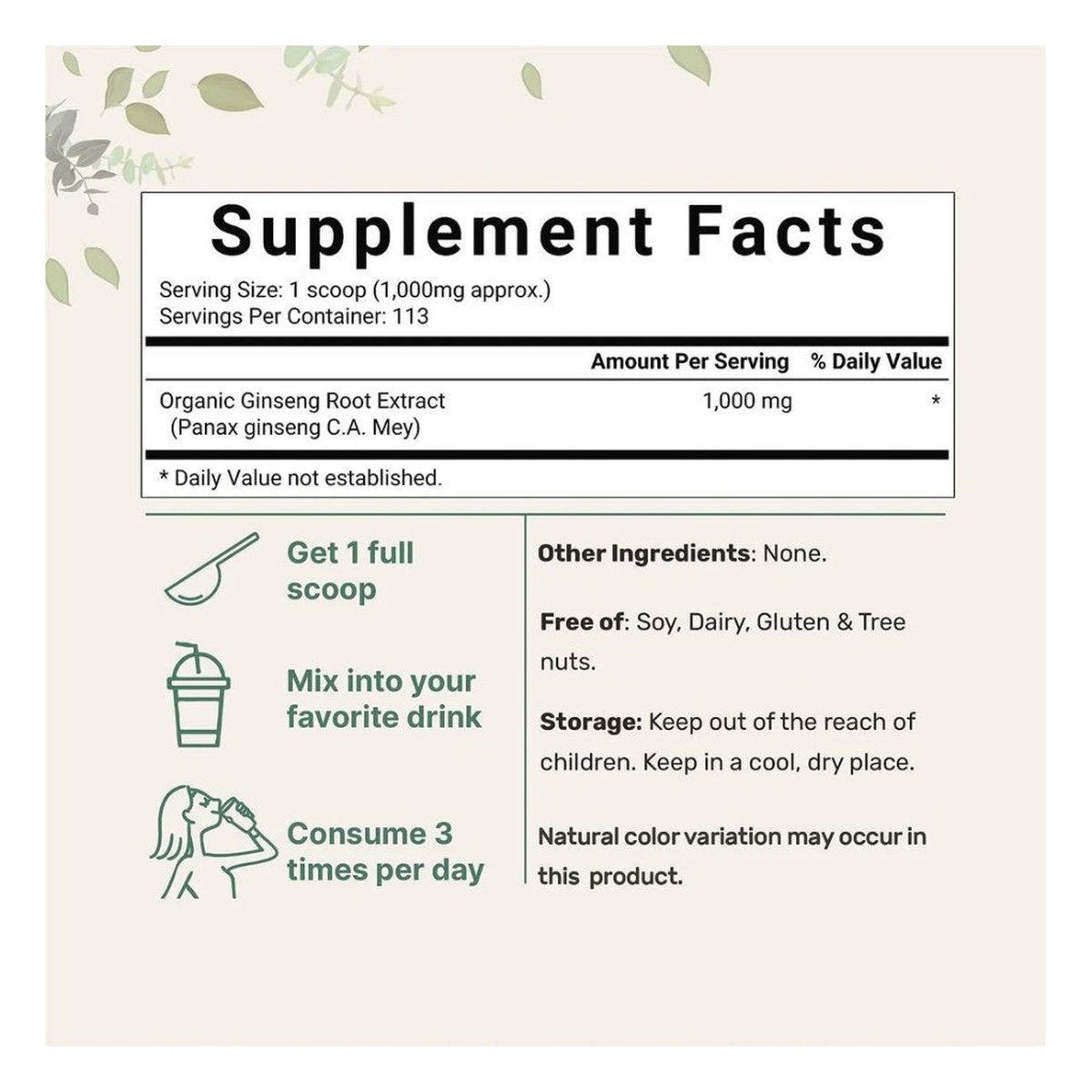 Organic ginseng powder supplement facts panel with serving size and ingredients