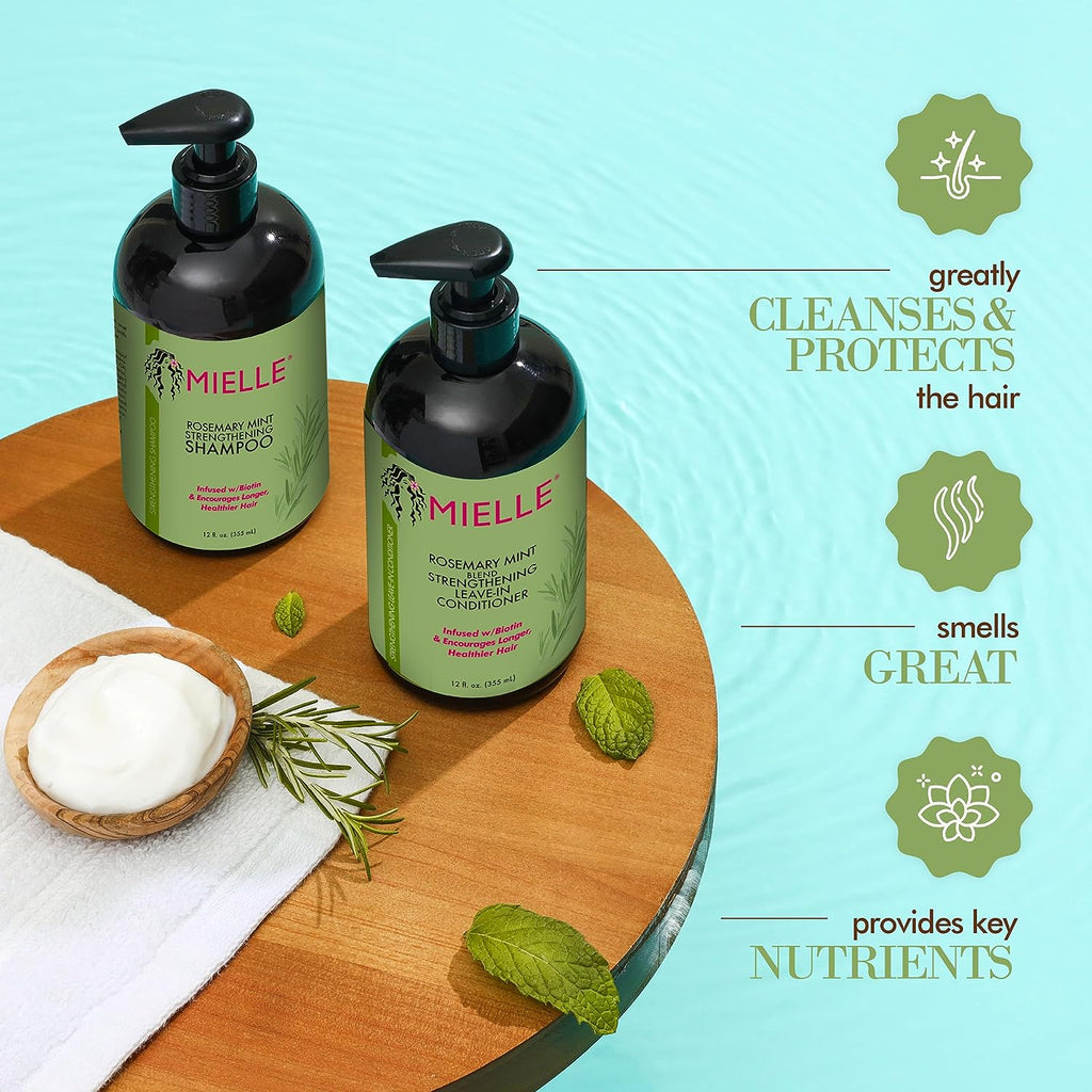Mielle Rosemary Mint Strengthening Shampoo bottle, 355ml with pump and green label