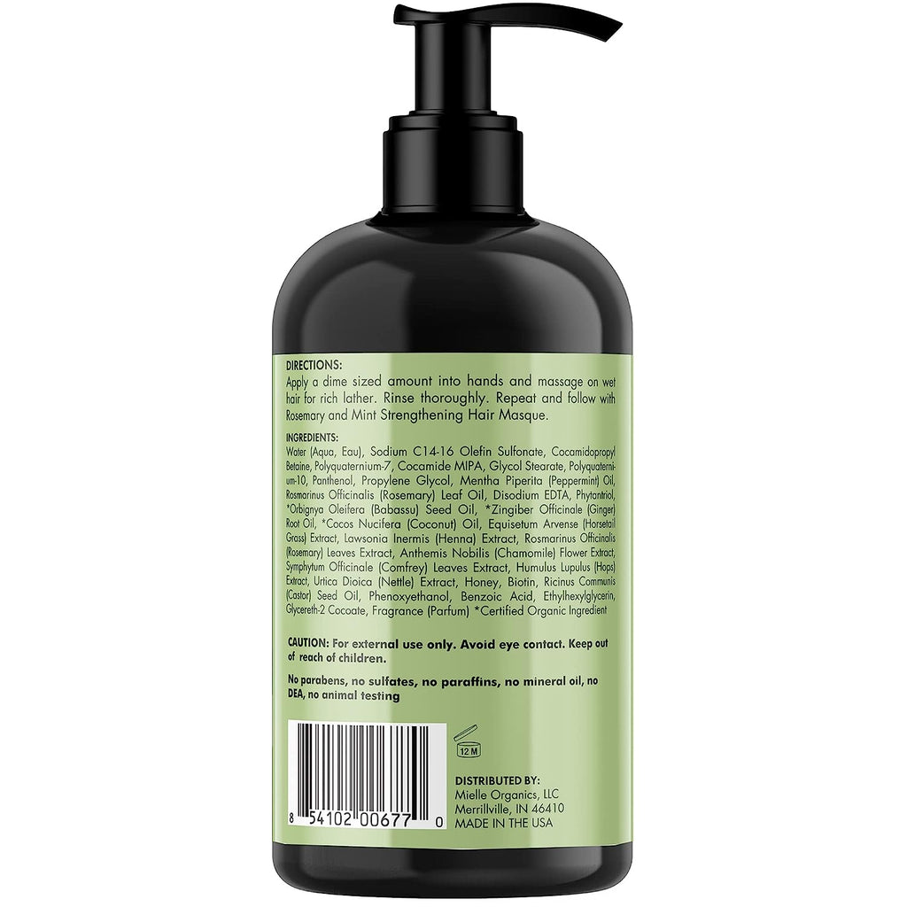 Mielle Rosemary Mint Strengthening Shampoo bottle back with ingredient text and barcode