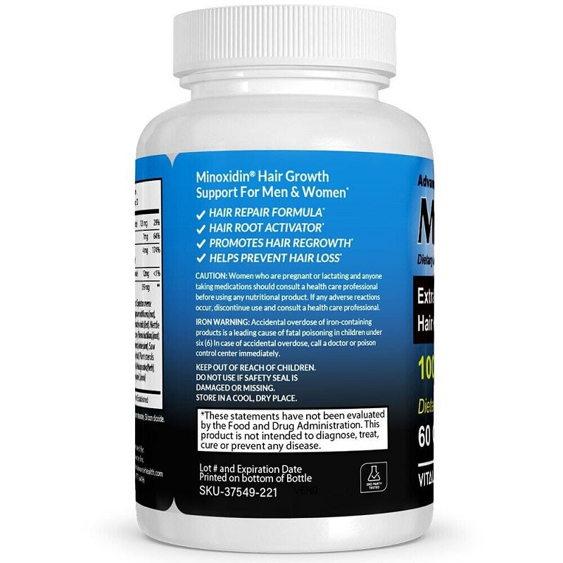 Hair regrowth supplement bottle with directions and supplement facts panel