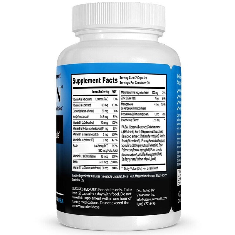 Hair regrowth supplement bottle with Supplement Facts nutrition table