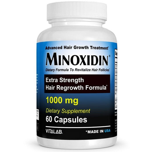 Minoxidin extra-strength hair regrowth supplement bottle, 1000 mg, 60 capsules
