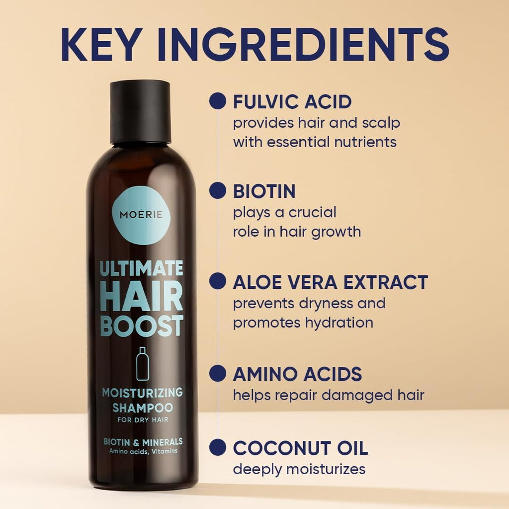 Moerie Ultimate Hair Boost moisturizing shampoo bottle, 250 ml, with pump cap