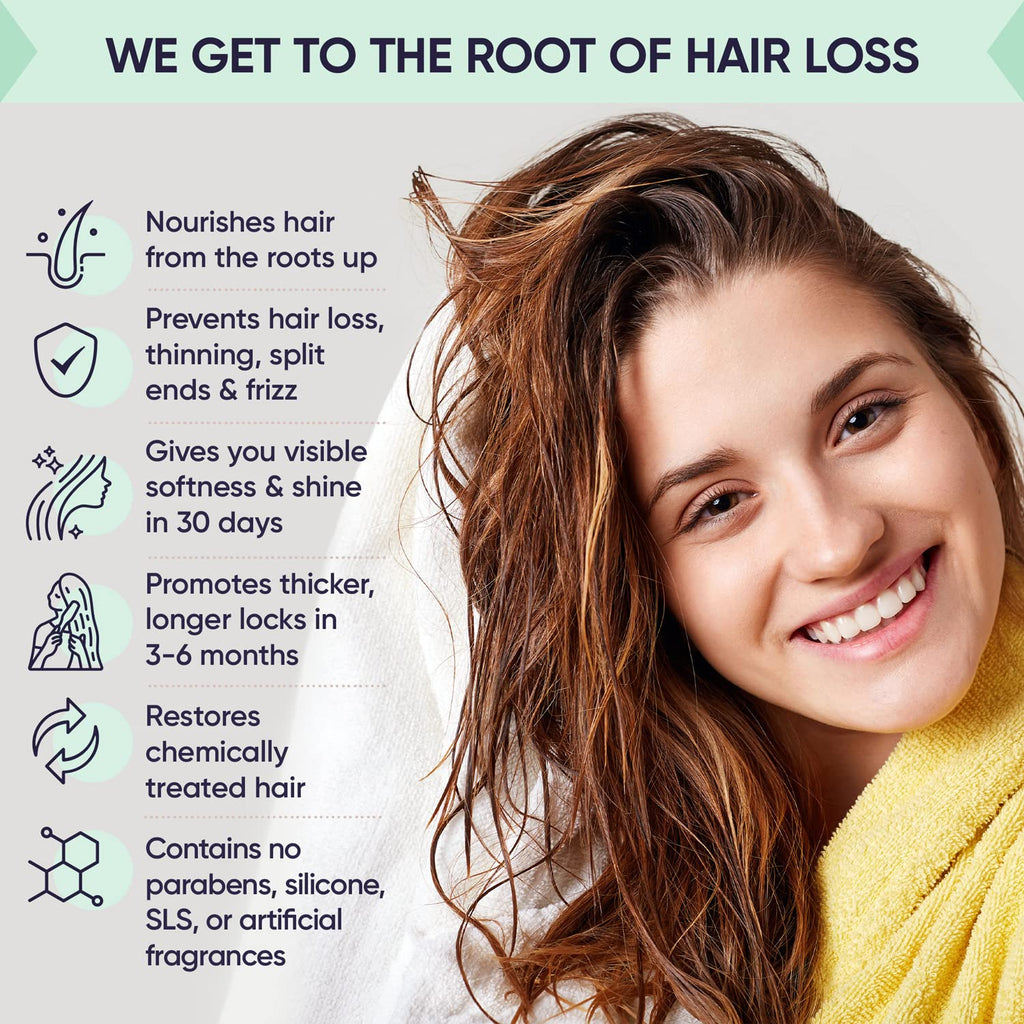 Nourishing hair mask with smooth, shiny long brown hair and yellow towel