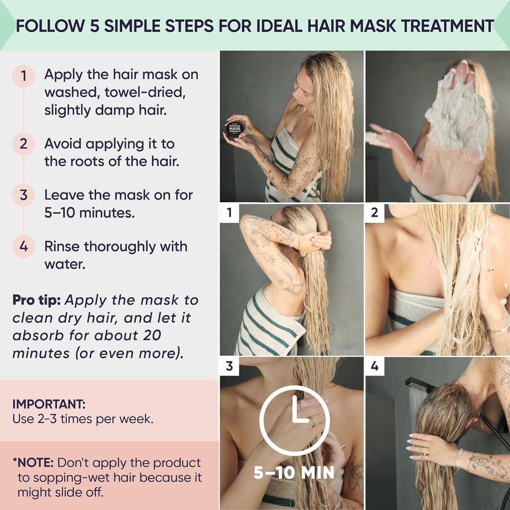 Hair mask directions infographic: apply, wait 5–10 min, rinse