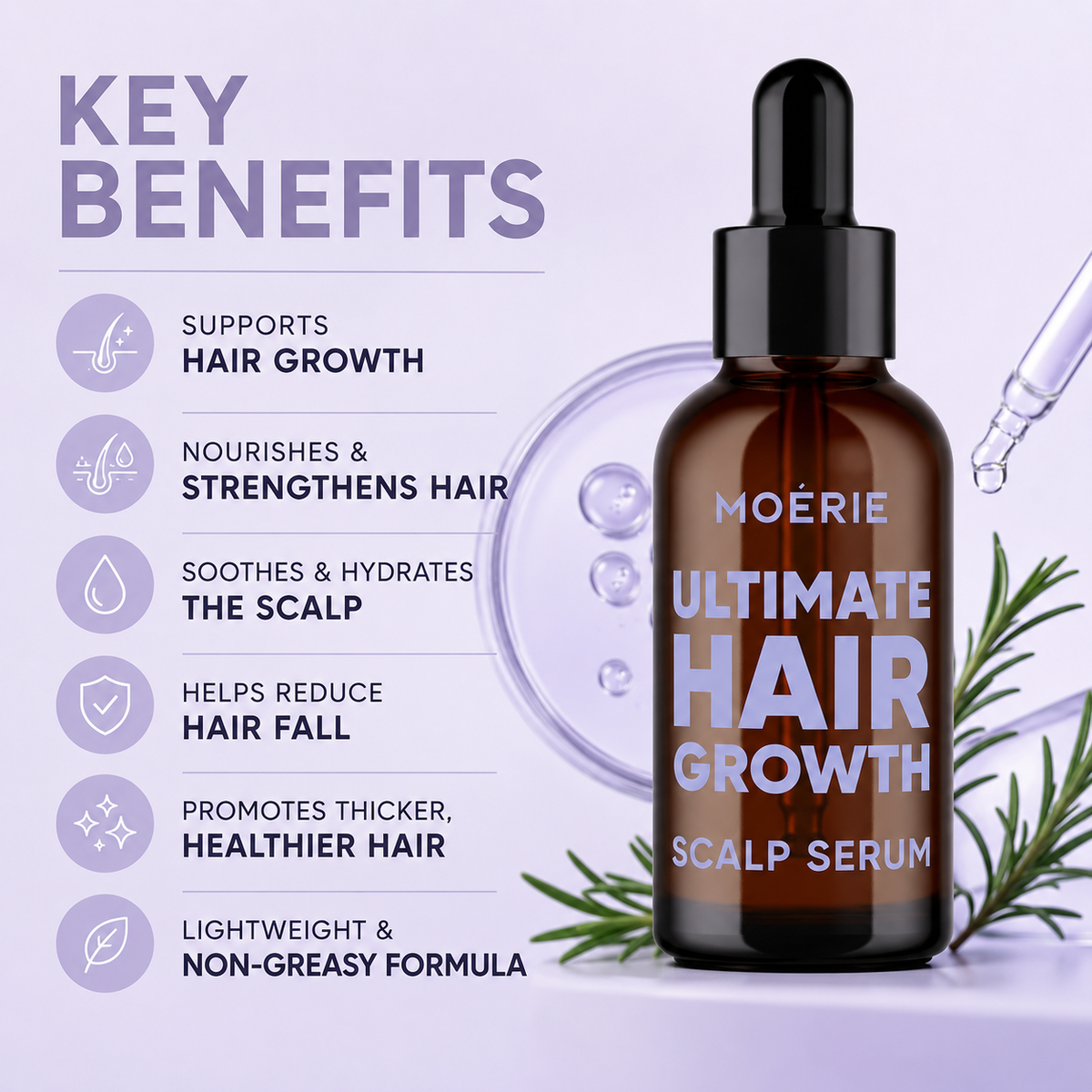 Hair scalp serum bottle with dropper, amber glass, dark cap, 50 ml
