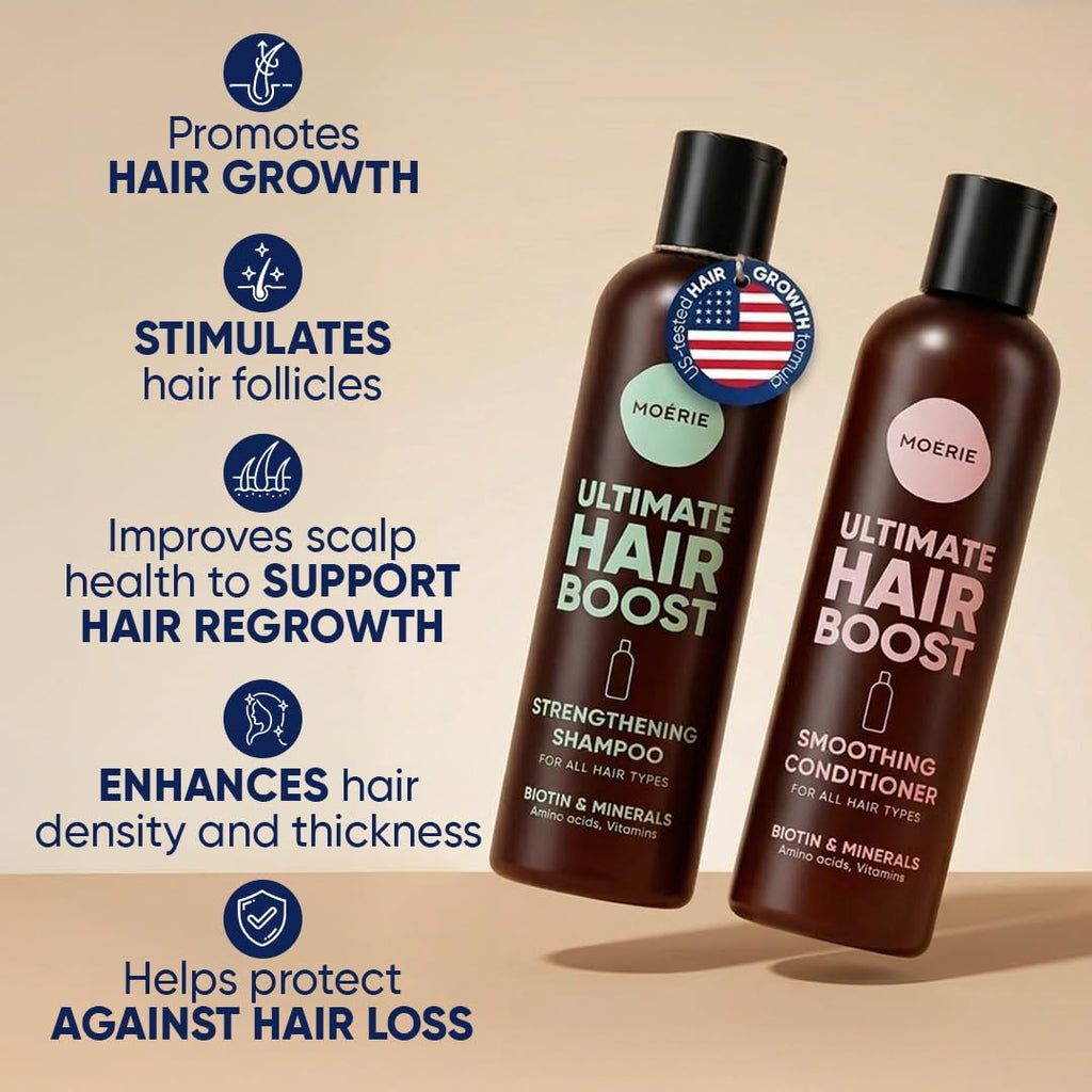 Hair boost strengthening shampoo and conditioner bottles, brown with black caps