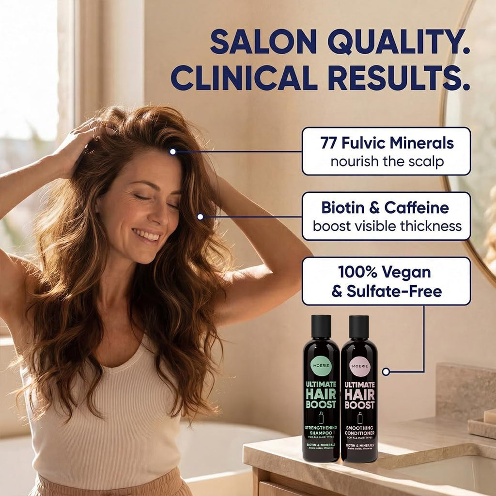 Ultimate hair boost shampoo and conditioner bottles with black caps on a counter