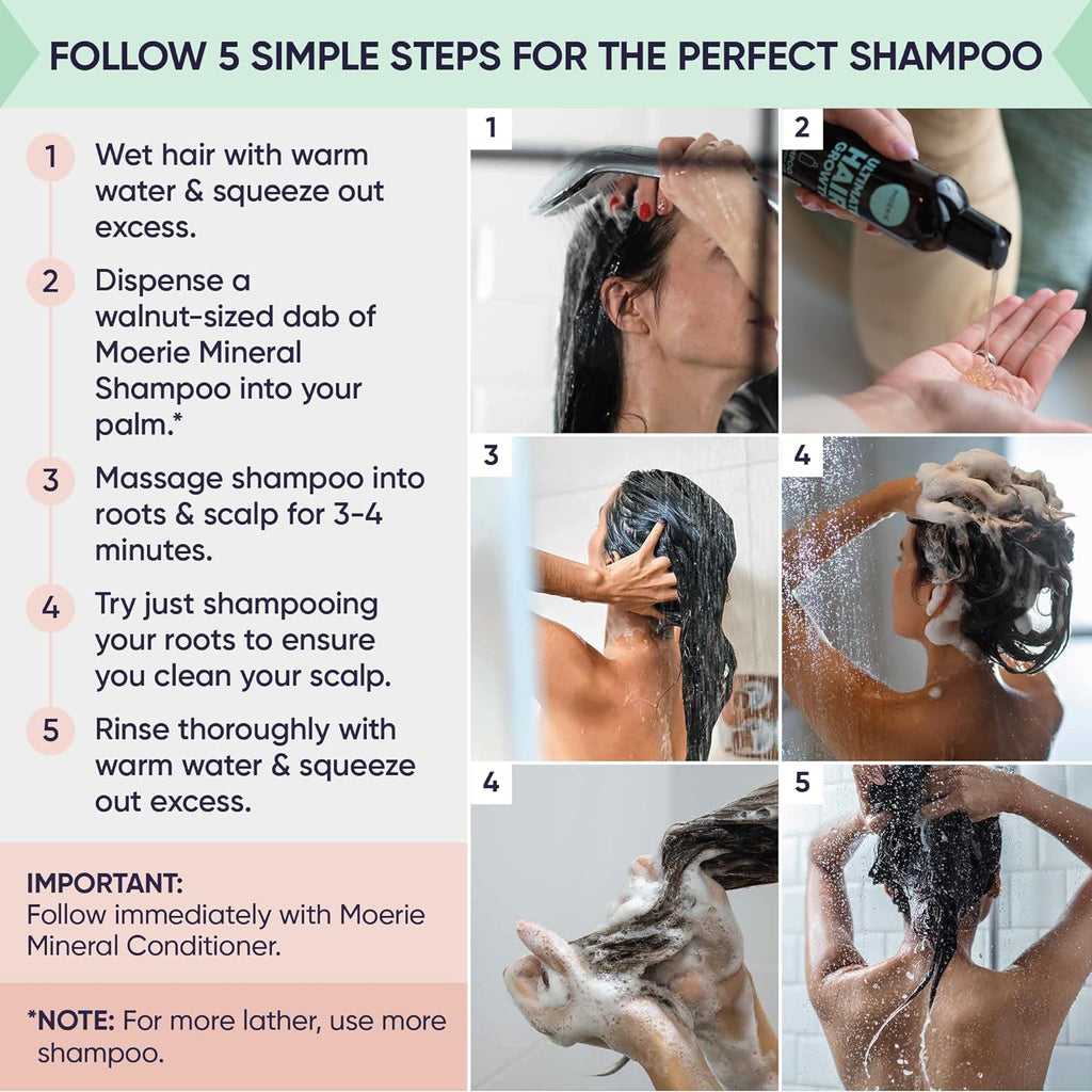Moerie mineral shampoo application steps with lathered hair massage and rinse.