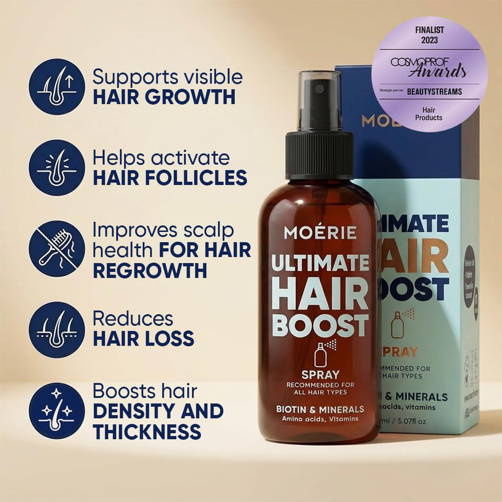 Hair thickening spray bottle with pump and matching carton, brown spray formula