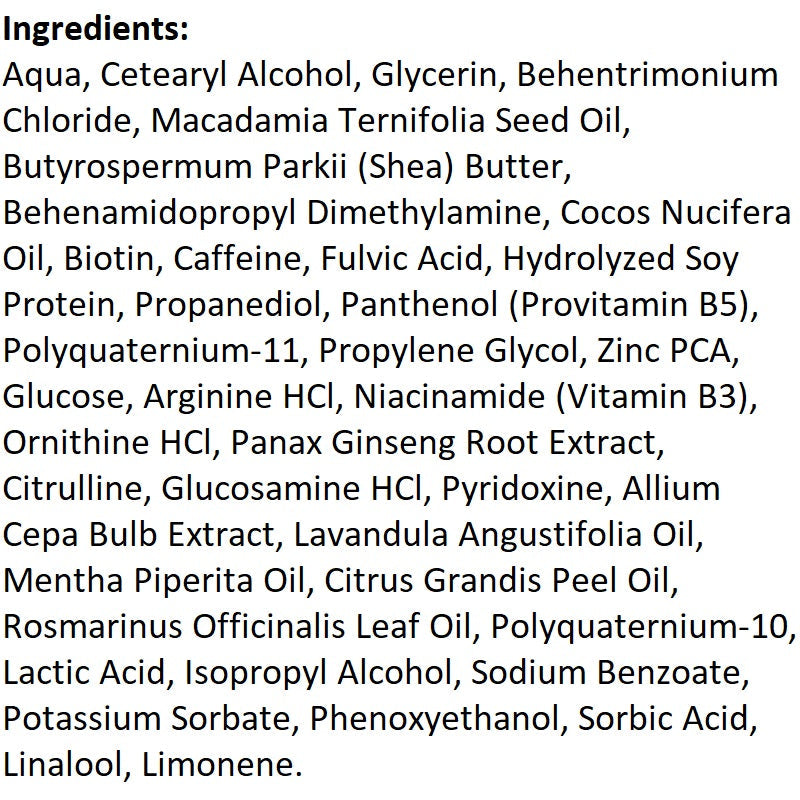 Hair thickening spray ingredient label, lists biotin, caffeine, shea butter, proteins