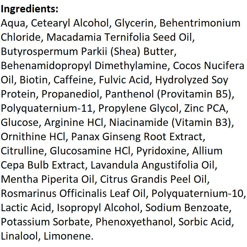Hair thickening spray ingredient label, lists biotin, caffeine, shea butter, proteins