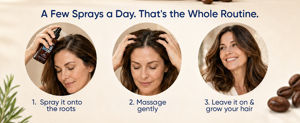 Woman spraying hair thickening spray onto scalp, massaging and leaving it in