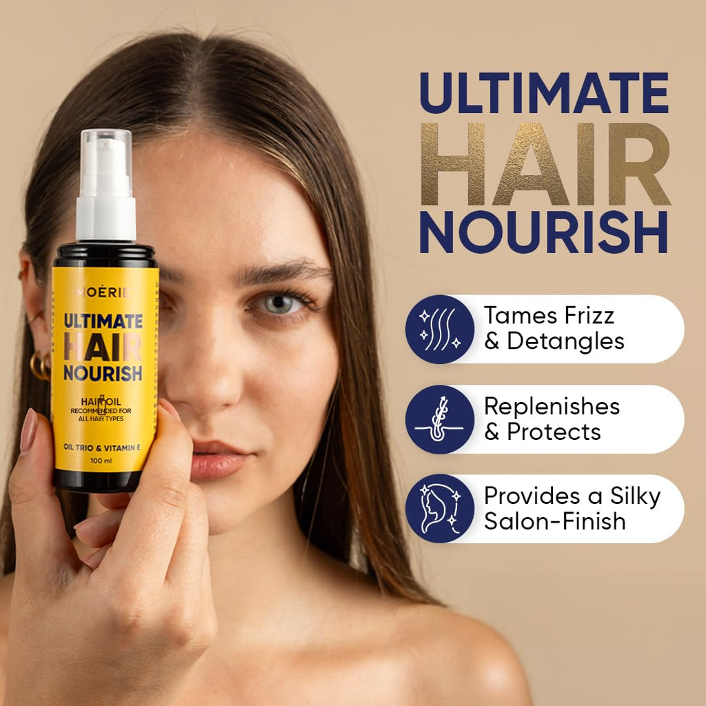 Ultimate hair nourish hair oil bottle with white pump, yellow label, 100 ml