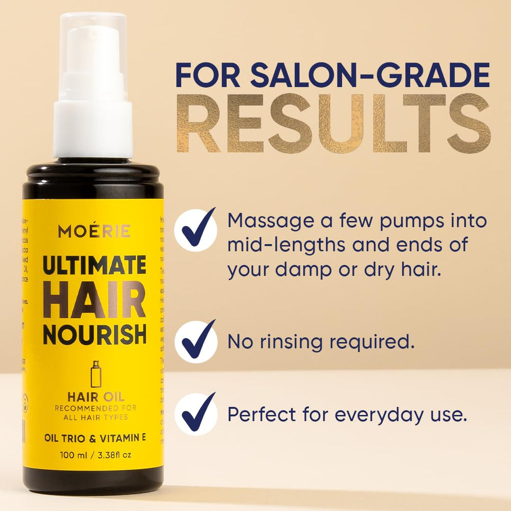 Ultimate hair nourish oil bottle, yellow label, white pump, 100 ml