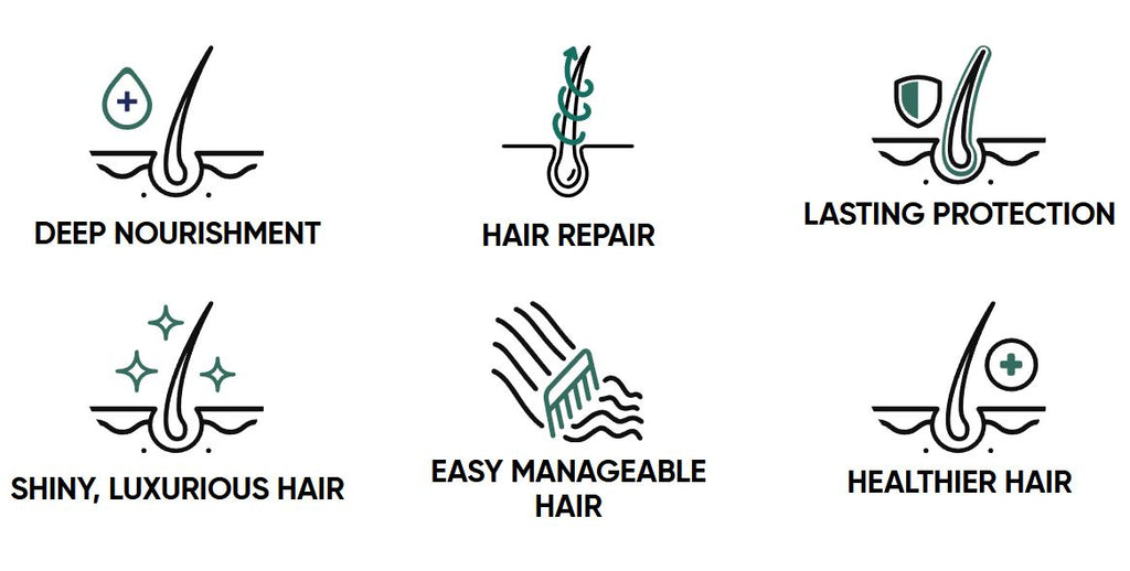 Hair care benefit icons: deep nourishment, hair repair, lasting protection