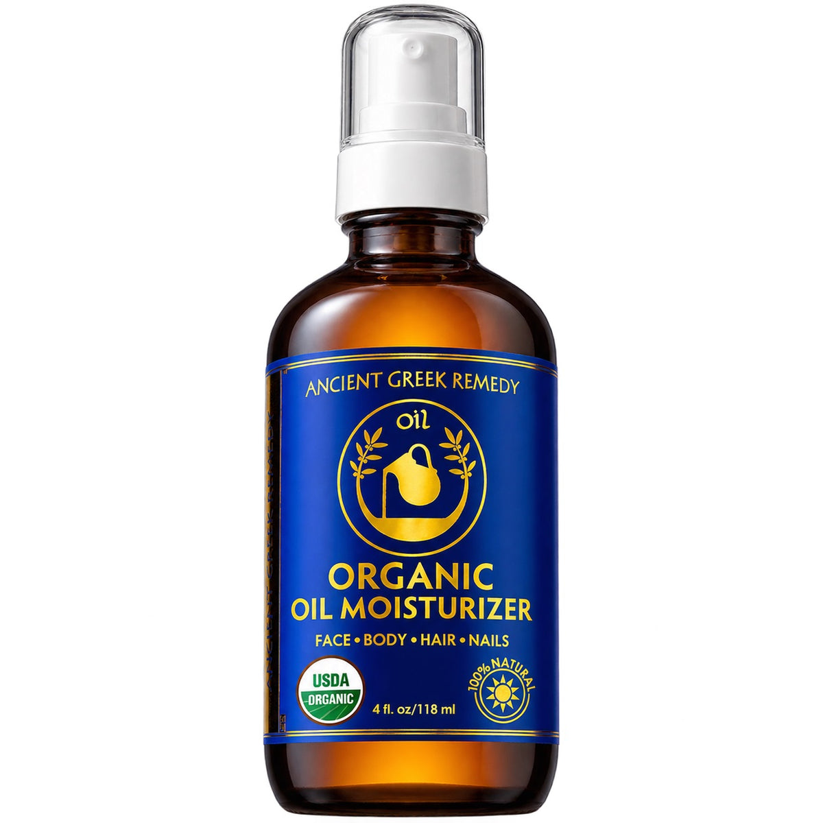 Organic face and body oil bottle with amber glass and blue label
