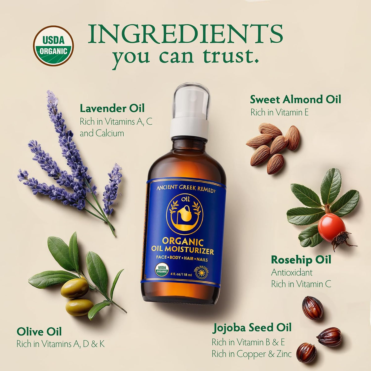 Organic oil bottle with blue label, with lavender and sweet almond ingredients