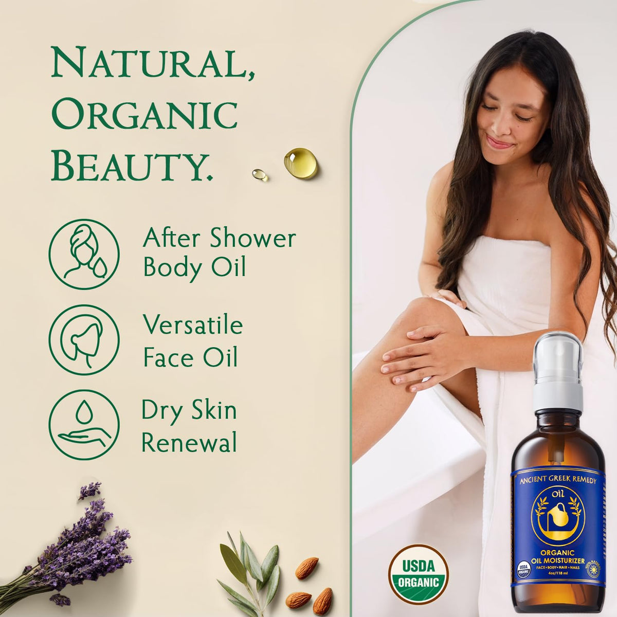 After-shower body oil bottle held by a woman in a white towel