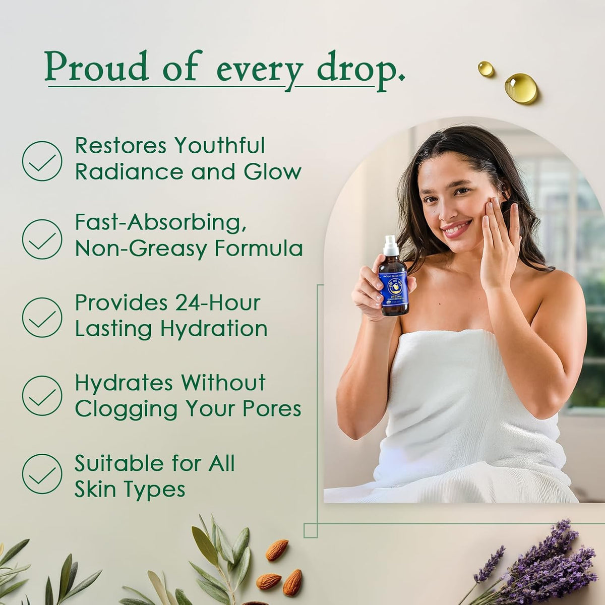 Organic oil bottle with blue label held by a smiling woman in a towel