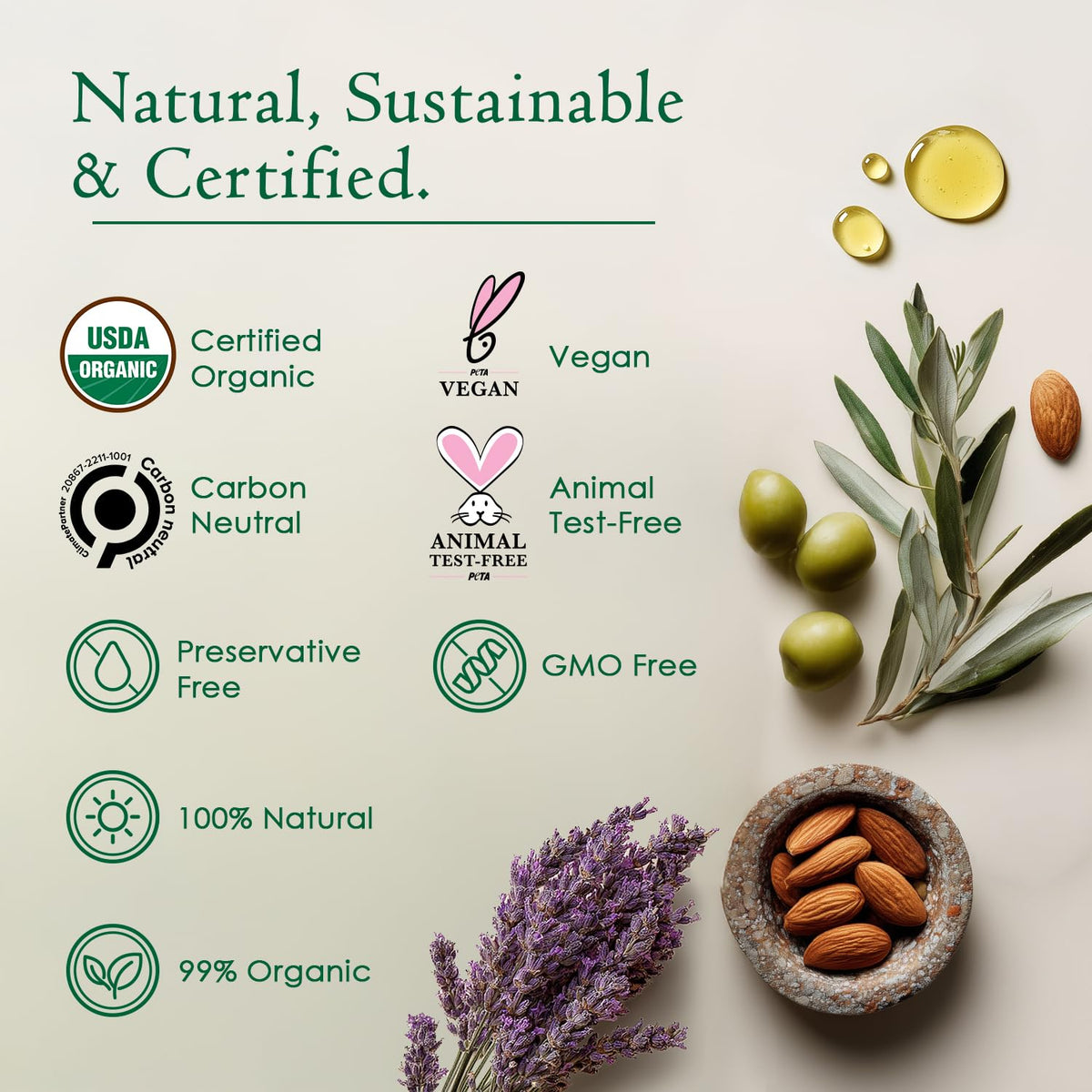 Organic face and body oil certification icons with lavender and almonds