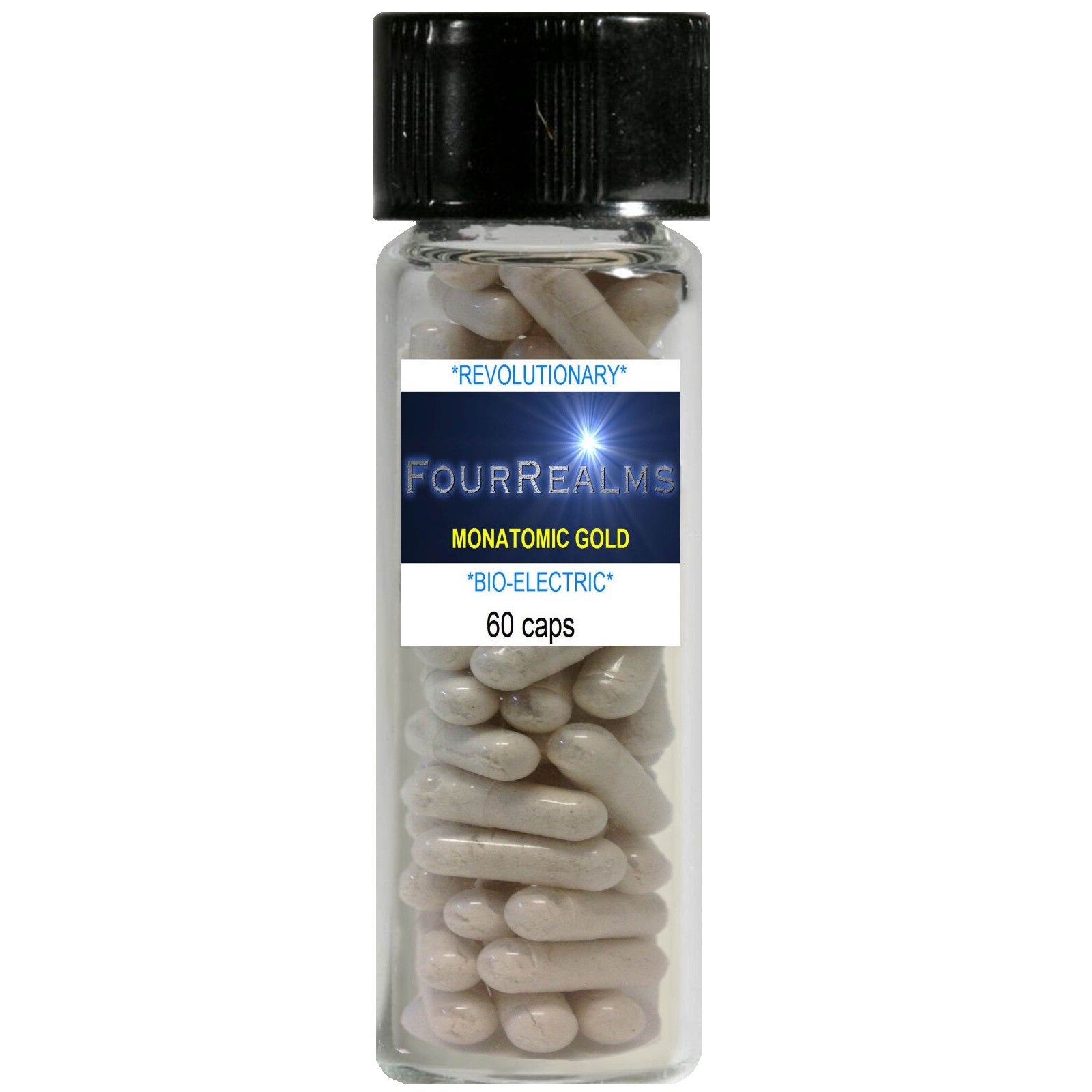 Four Realms monatomic gold Ormus capsules bottle, black cap, clear jar with beige capsules