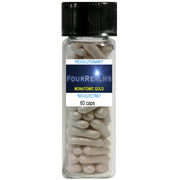 Four Realms monatomic gold Ormus capsules bottle, black cap, clear jar with beige capsules
