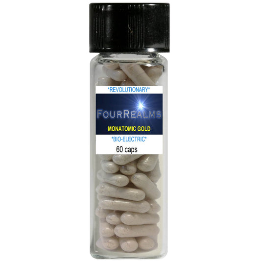 Four Realms monatomic gold Ormus capsules bottle, black cap, clear jar with beige capsules