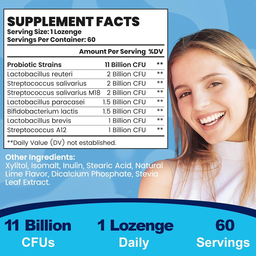 Probiotic + xylitol supplement facts label, 11 billion CFU lozenge