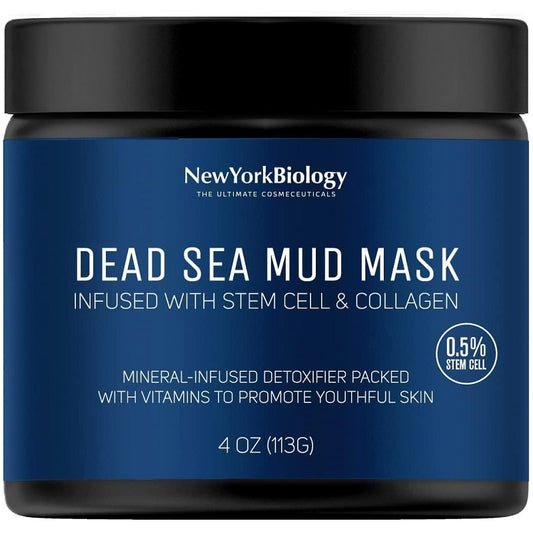 Dead Sea mud mask jar, blue label with black lid; 4 oz skincare container