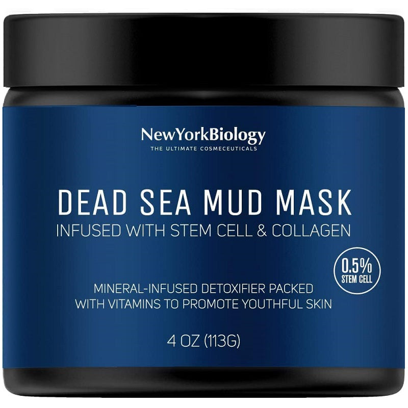 Dead Sea mud mask jar, blue label with black lid; 4 oz skincare container