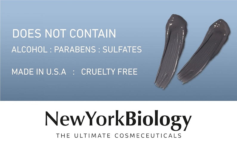 Dead Sea mud mask product with NewYorkBiology name and two gray swatches
