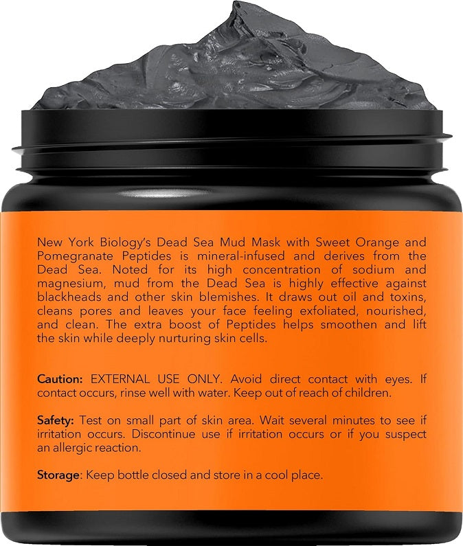 Skincare mud mask jar with orange back label and black lid; printed instructions