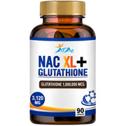 NAC XL+ glutathione supplement bottle, amber glass, gold cap, 90 capsules