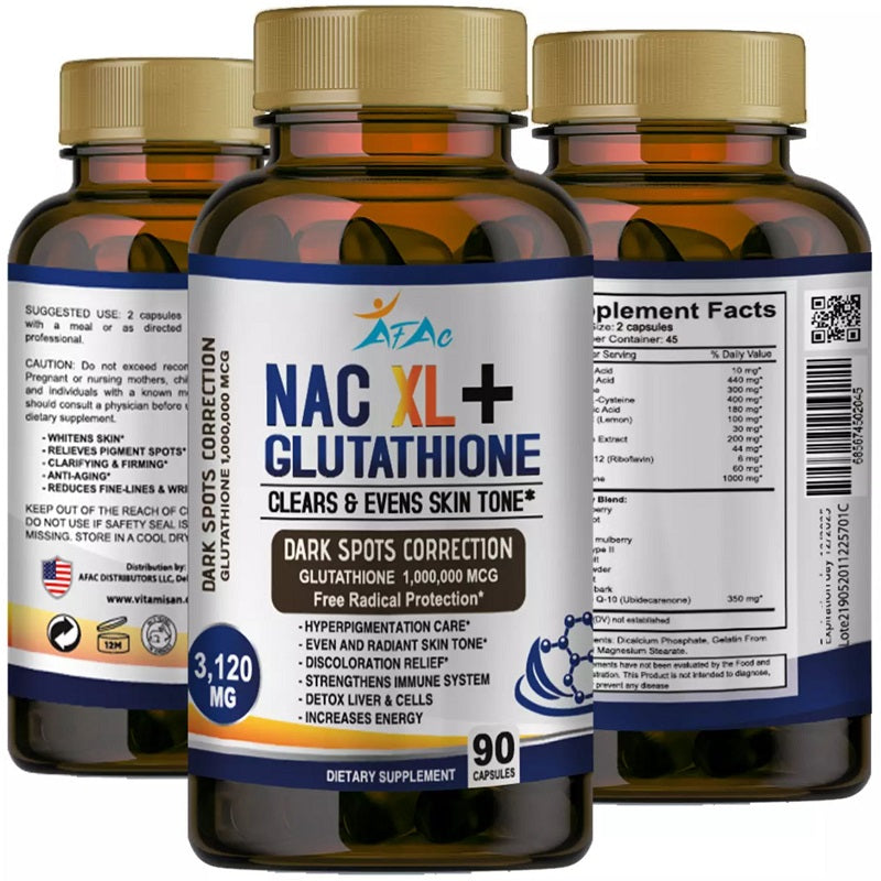 Set of AFAC NAC XL+ Glutathione supplement bottles, gold caps, dark spot correction, 3,120 mg