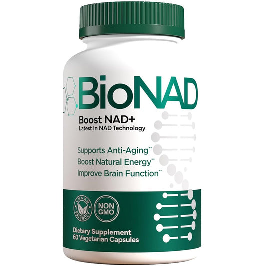 BioNAD Boost NAD+ supplement bottle with green cap and front label, 60 vegetarian capsules