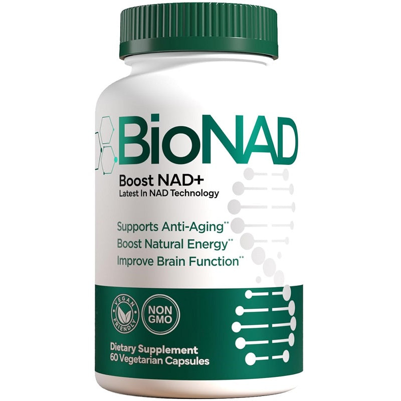 BioNAD Boost NAD+ supplement bottle with green cap and front label, 60 vegetarian capsules