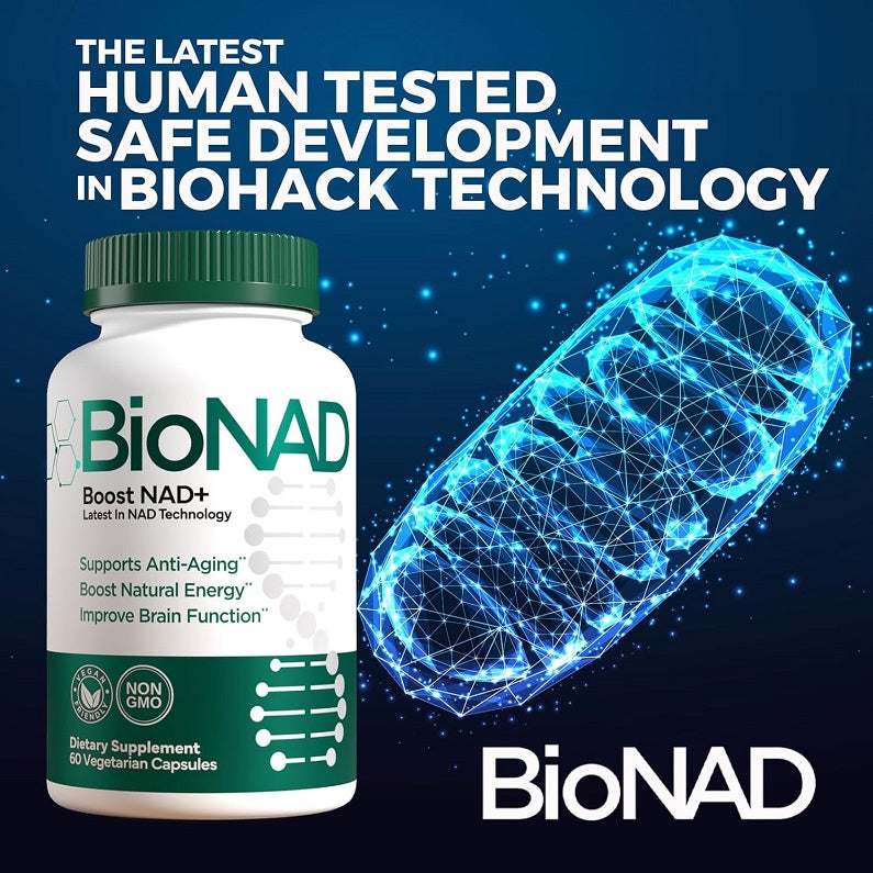 BioNAD Boost NAD+ supplement bottle with green cap and anti-aging support label
