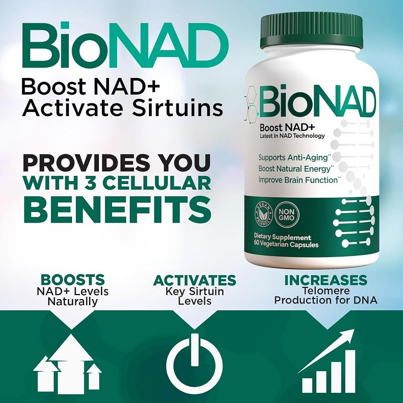 BioNAD Boost NAD+ bottle with green cap and label text for sirtuin activation claims