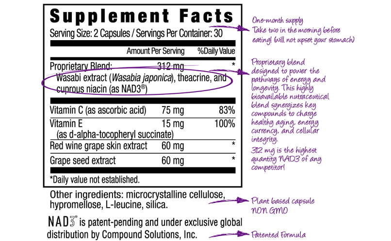 BioNAD Boost NAD+ Supplement Facts label with serving size and ingredient information