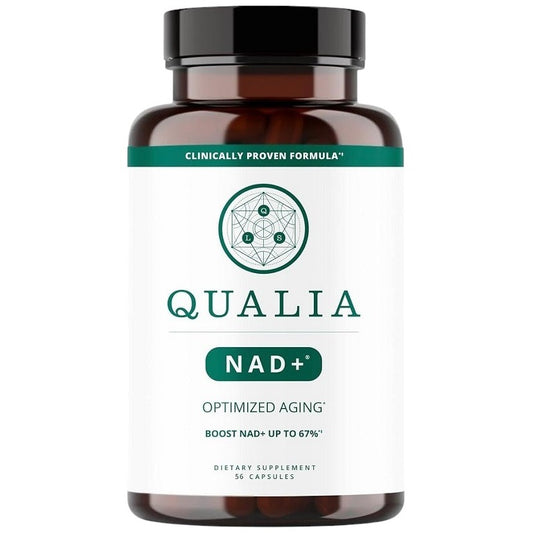 Qualia NAD+ supplement bottle with teal label and dark cap