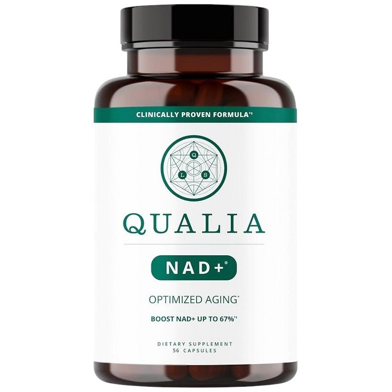 Qualia NAD+ supplement bottle with teal label and dark cap