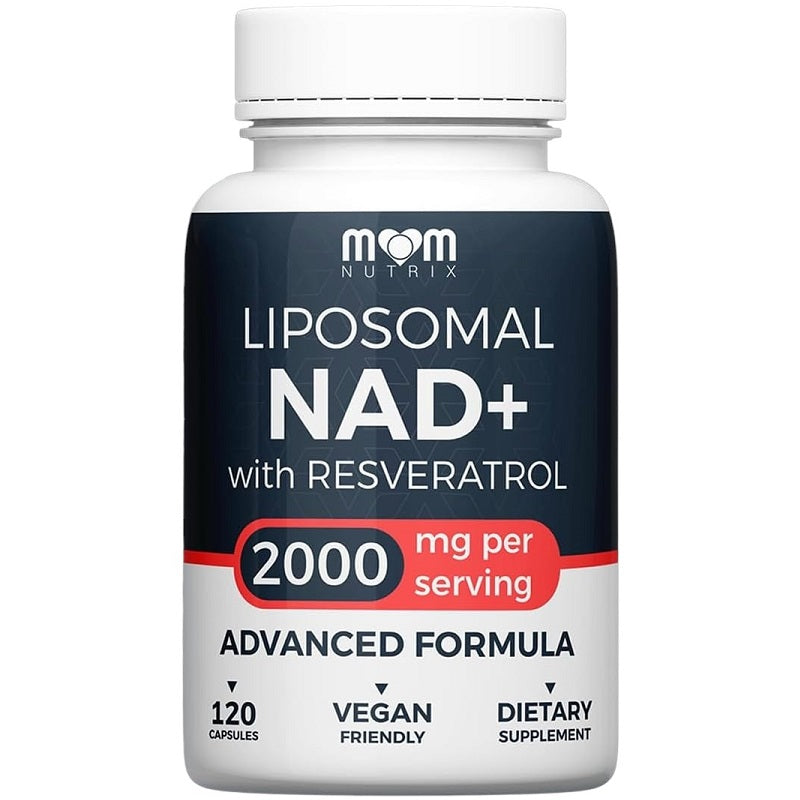 Mom Nutrix liposomal NAD+ with resveratrol bottle, 120 vegan capsules