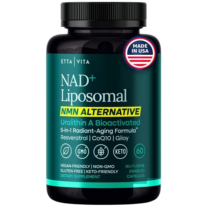Green NAD+ liposomal supplement bottle with black cap.