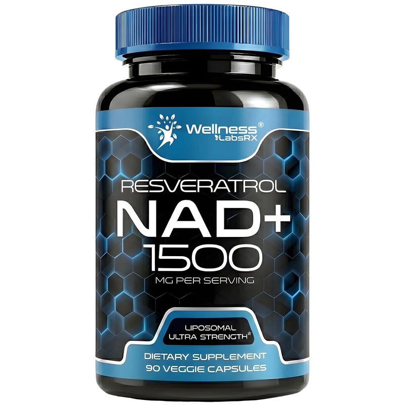 Liposomal NAD+ 1500 mg supplement bottle; 90 vegan capsules